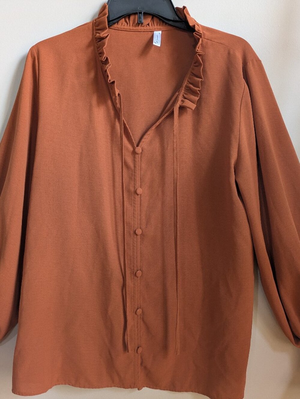 fashion collection terracotta button up ruffled neckline size Large #515